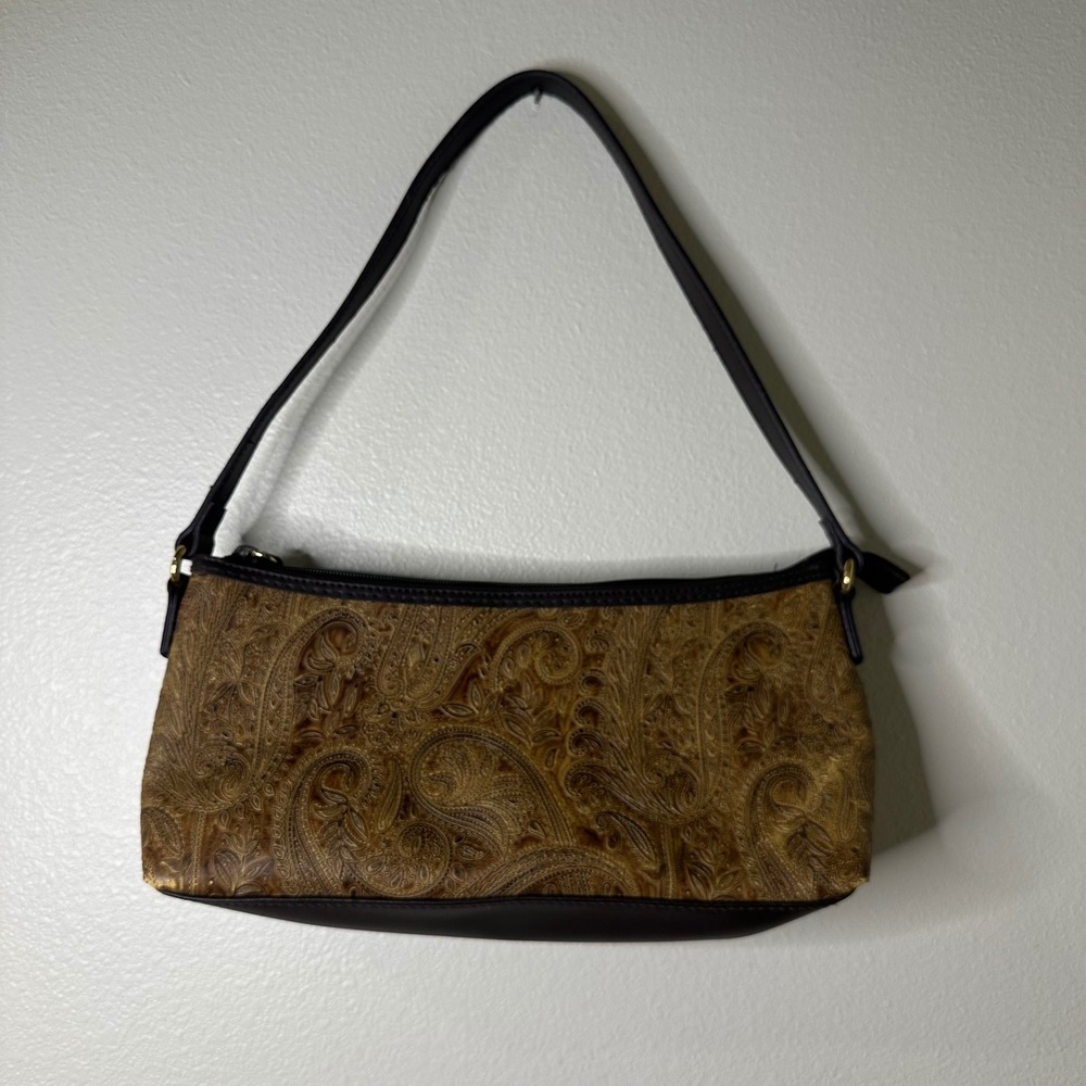Vintage RELIC BROWN & TAN FAUX LEATHER TEXTURED HANDBAG Embossed Paisley